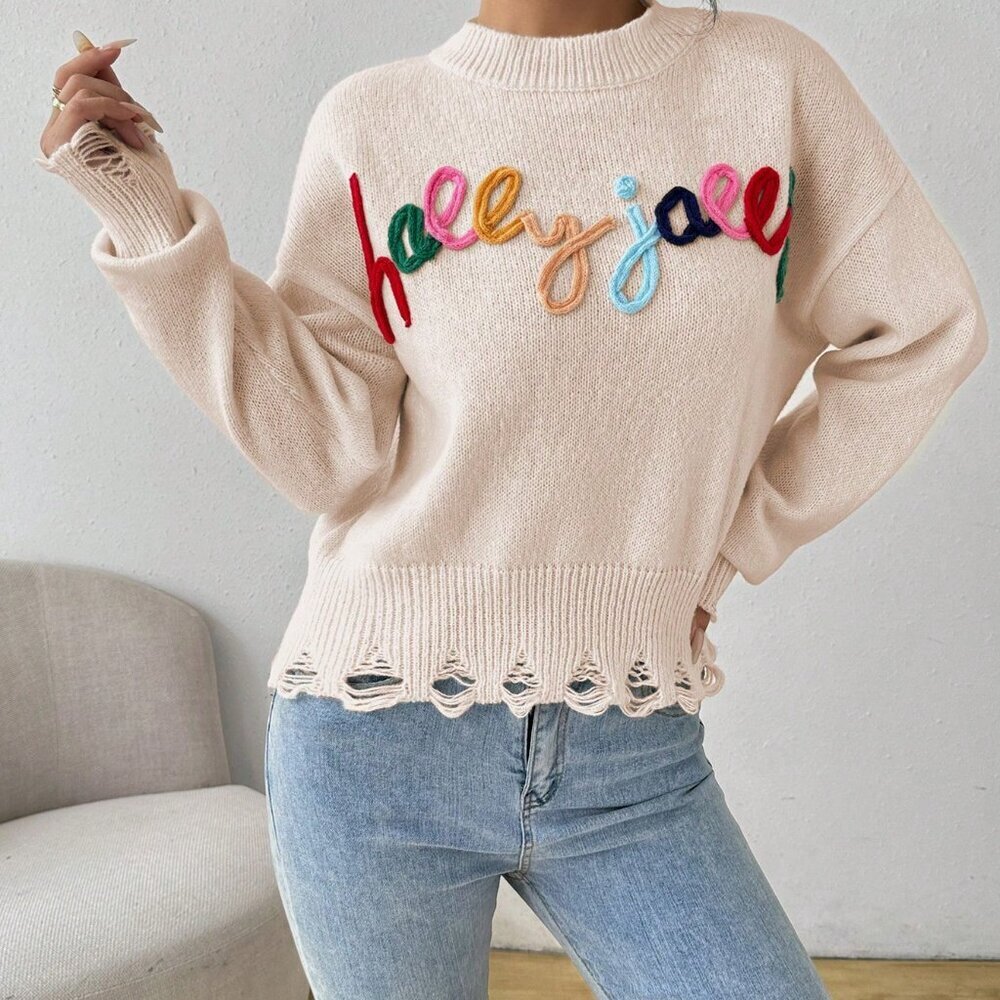 Apricot Casual Women's Round Neck Long Sleeve Letter Patchwork Knit Sweater - Picture 7 of 8